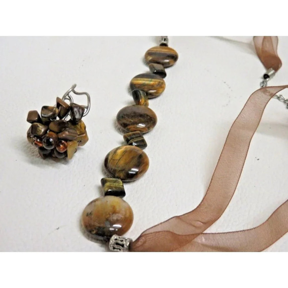 Tiger's Eye Necklace & Ring Set Striped Stone Beaded  Adjustable Ribbon - Picture 9 of 10